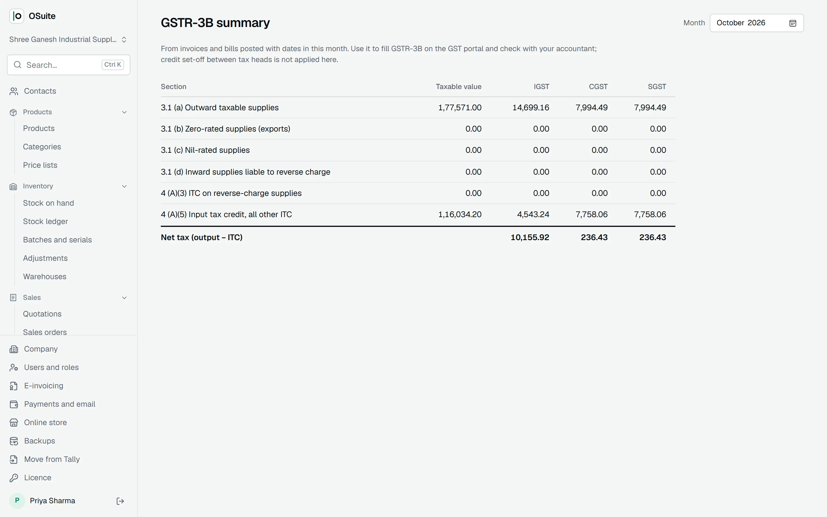 GSTR-3B: outward supplies, input tax credit and net tax payable by IGST, CGST and SGST
