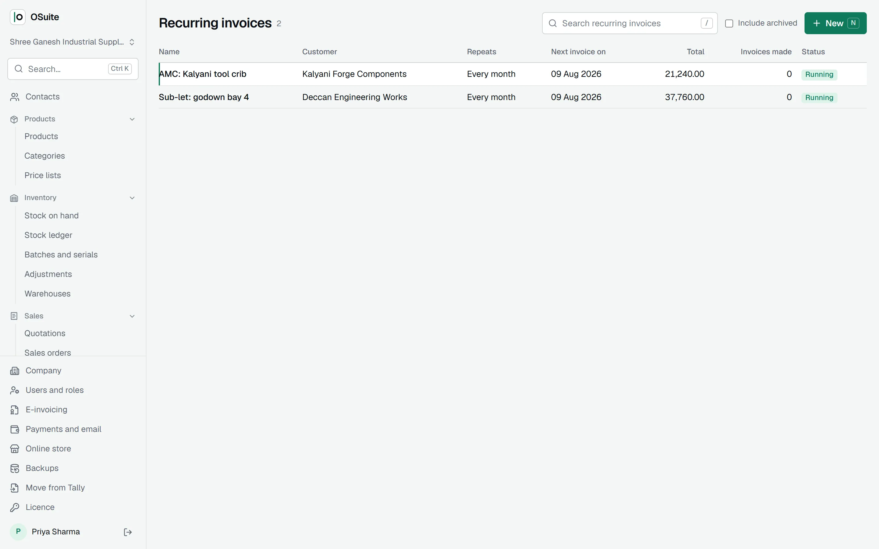 Recurring invoices with their next dates