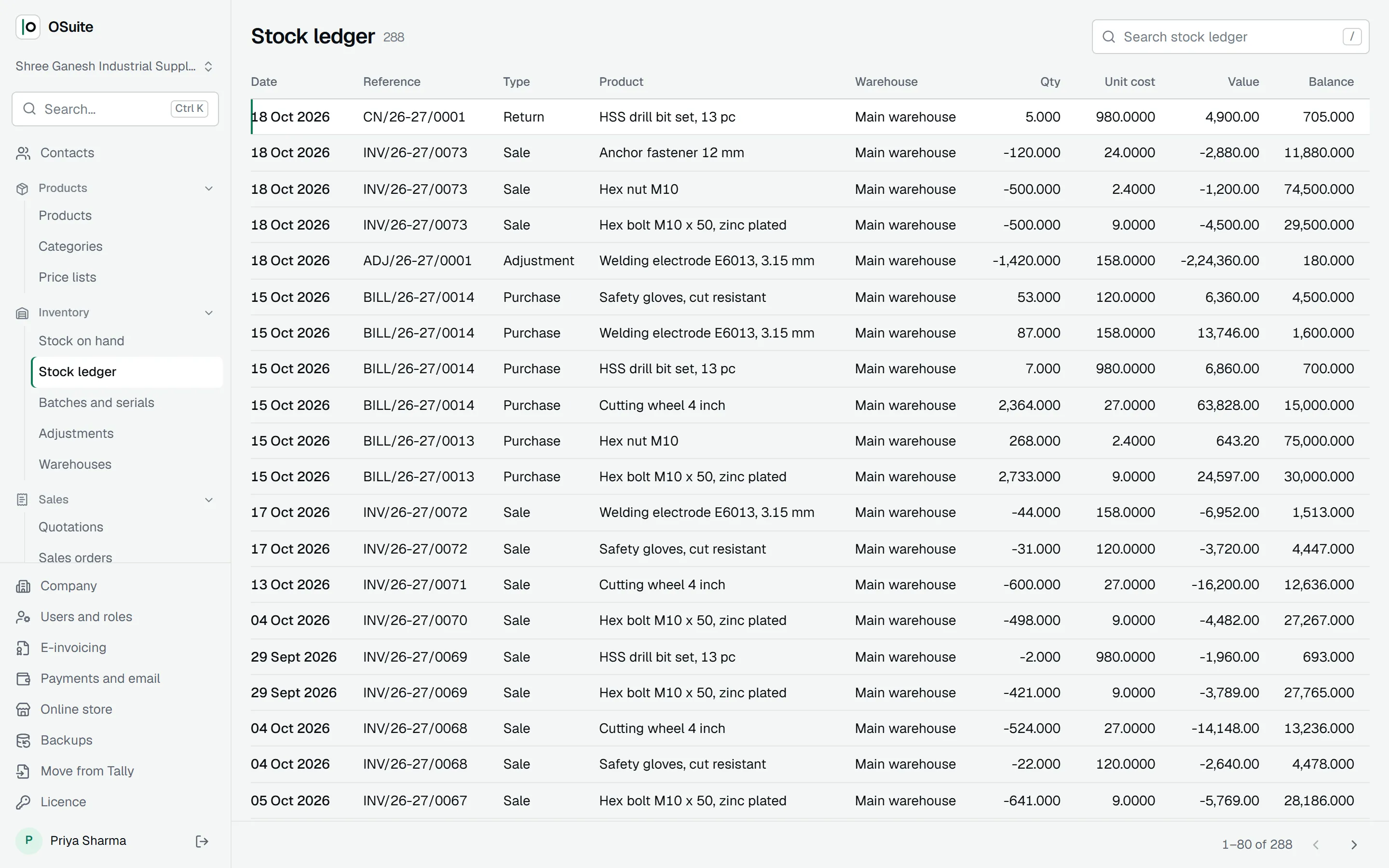 The stock ledger: every movement with its document, quantity and cost